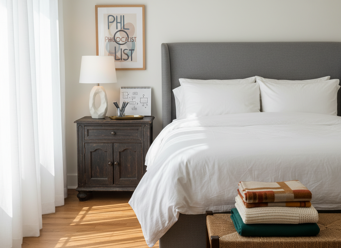 A sunlit bedroom corner designed as a visual guide to mixing high and low: a tailored upholstered bed with crisp white bedding and a thrifted carved-wood nightstand, topped with a new sculptural lamp and a small tray holding pencils and a gridded notepad of sketched layout tips. Above the nightstand, a framed print features an abstract interpretation of the word “philocalist” through soft, layered shapes. A woven bench at the foot of the bed holds stacked folded throws, some patterned and vintage, some solid and modern. Morning light filters through sheer curtains, creating soft shadows and a serene, sophisticated mood. Photographic realism, eye-level composition, clean lines, and a calm, inviting atmosphere.